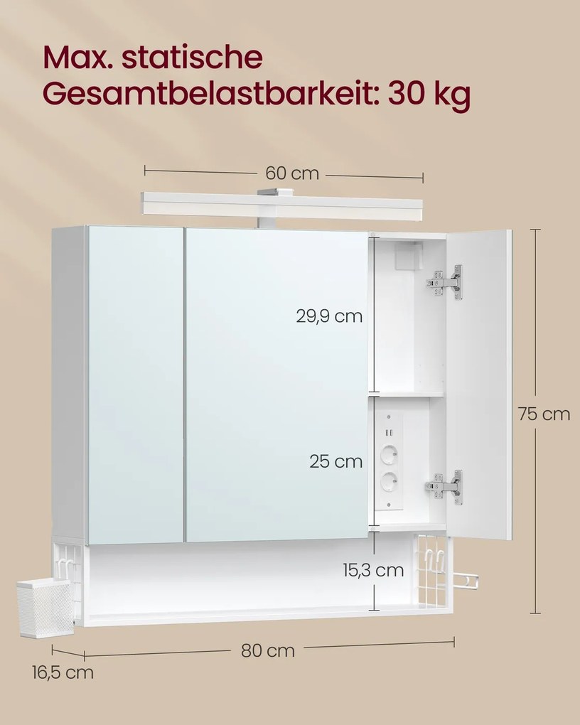 Armário de parede casa de banhocom espelho branco 80 x 16,5 x 75 cm, 3 portas com espelho e iluminação Branco