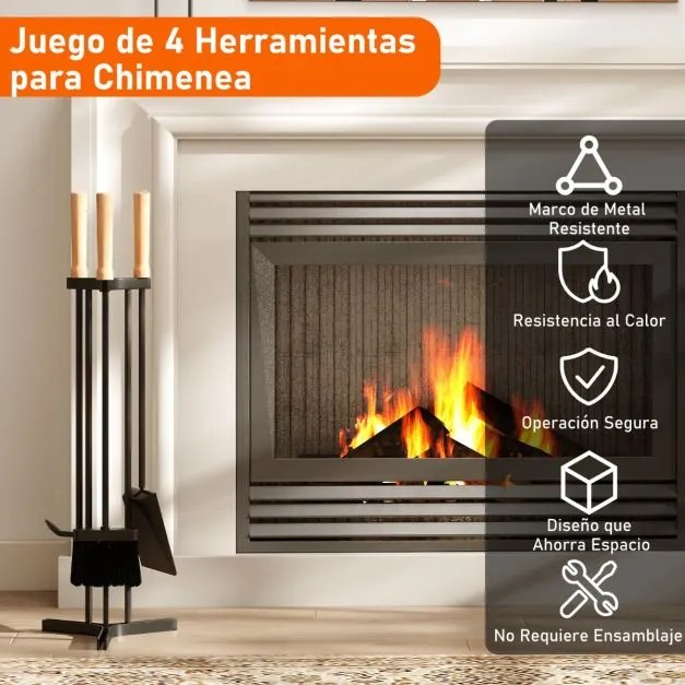 Conjunto de 4 utensílios para lareira com atiçador, pá, escova e suporte. Utensílios com cabo de madeira preta e natural.