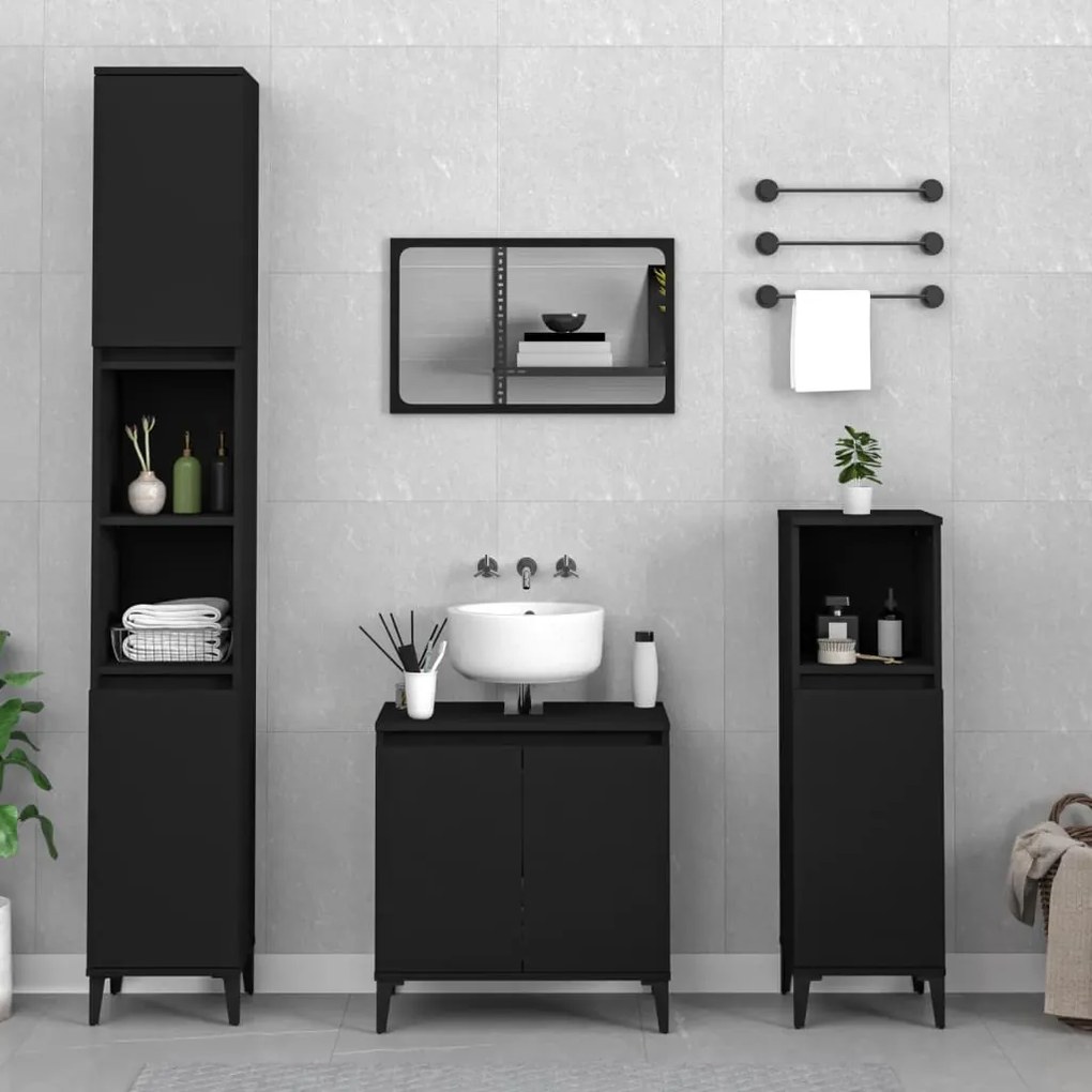 vidaXL 3 pcs conjunto móveis casa de banho derivados de madeira preto