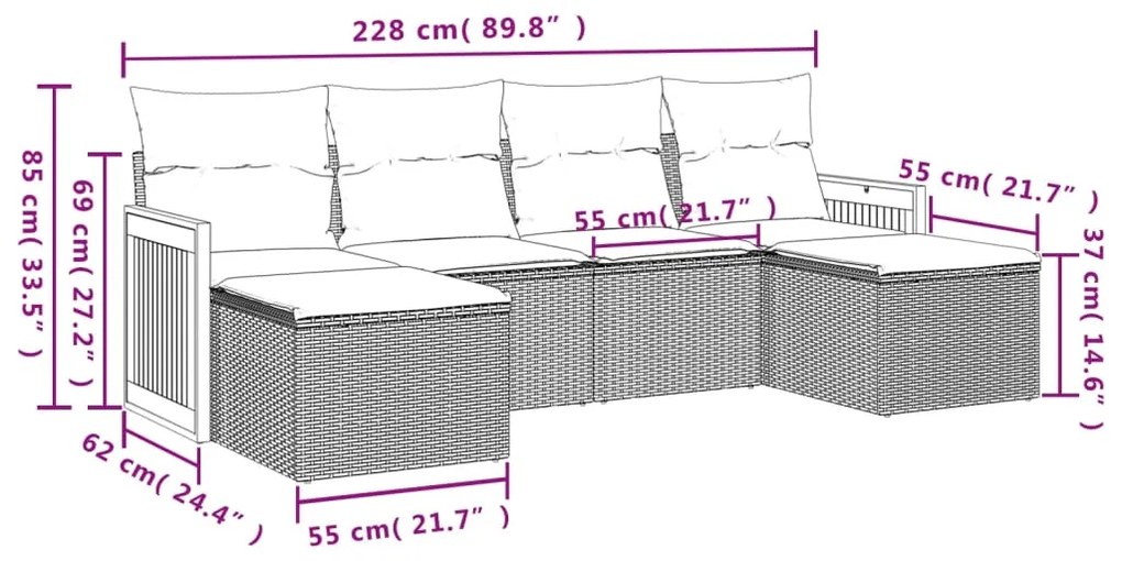 6 pcs conjunto de sofás p/ jardim com almofadões vime PE bege