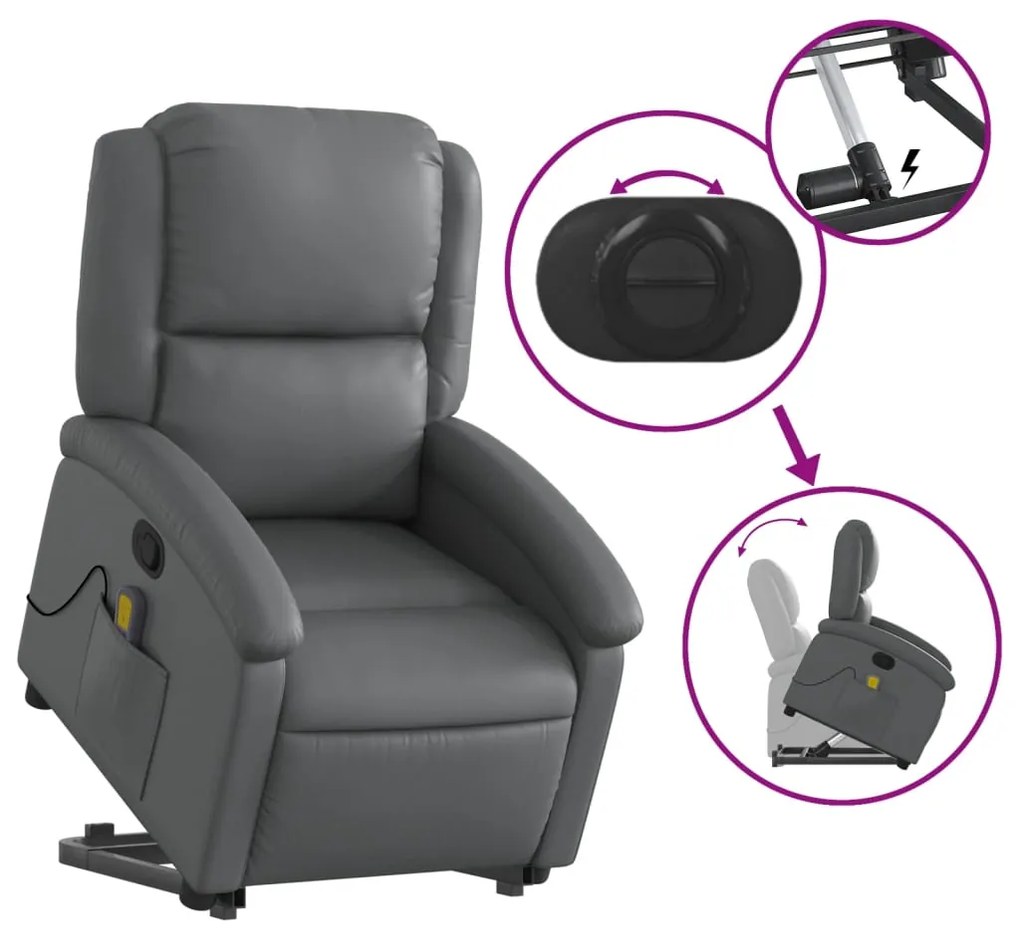 Poltrona massagens reclinável elevatória couro artif. cinzento