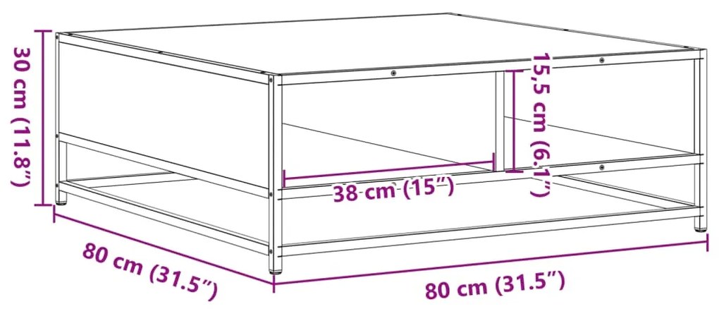 Mesa centro 80x80x30 cm deriv. madeira/metal carvalho castanho