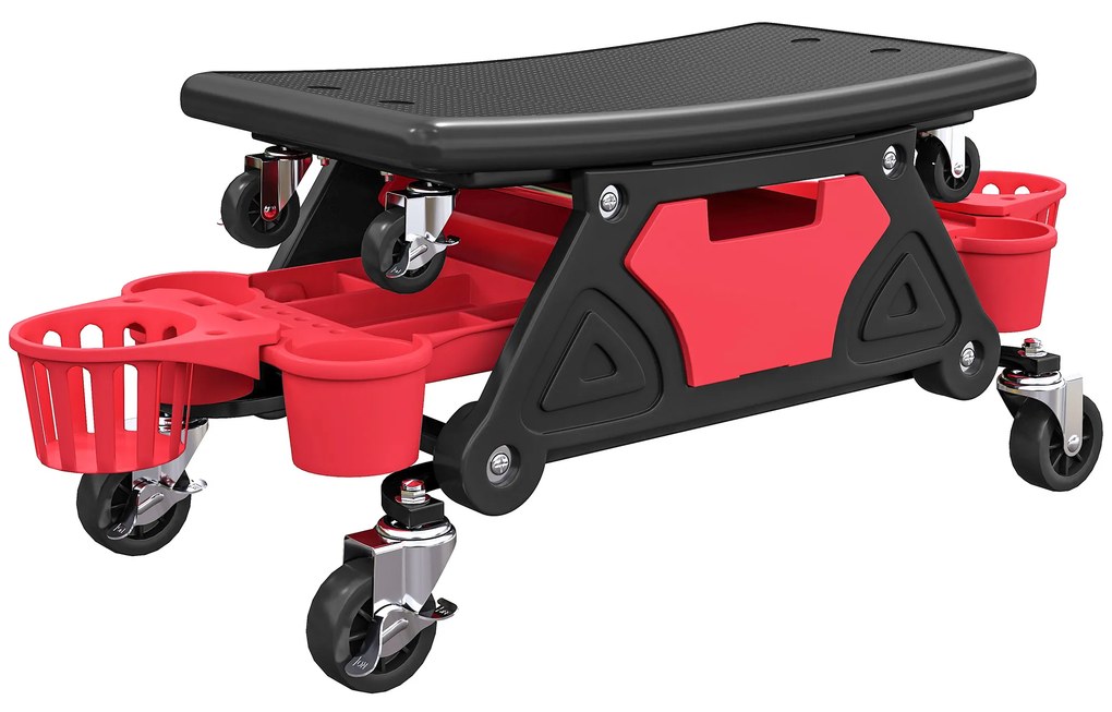 HOMCOM Banco de Trabalho Giratório com Rodas Altura Ajustável Banco Mecânico com 2 Bandejas para Ferramentas e Gaveta 86x33x33 cm Vermelho | Aosom Portugal