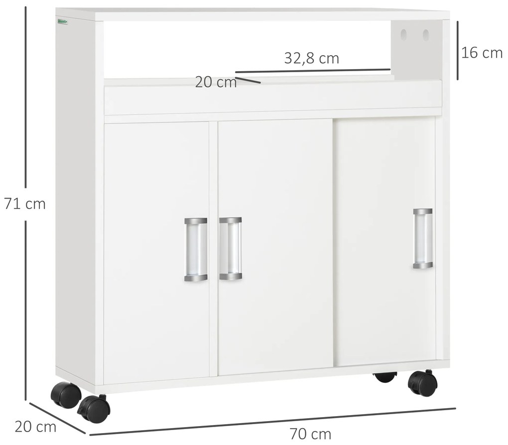 kleanklin Armário Casa de Banho com 2 Prateleiras Abertas 3 Portas e Prateleira Interior Ajustável Móvel Auxiliar de Armazenamento com Rodas para Sala