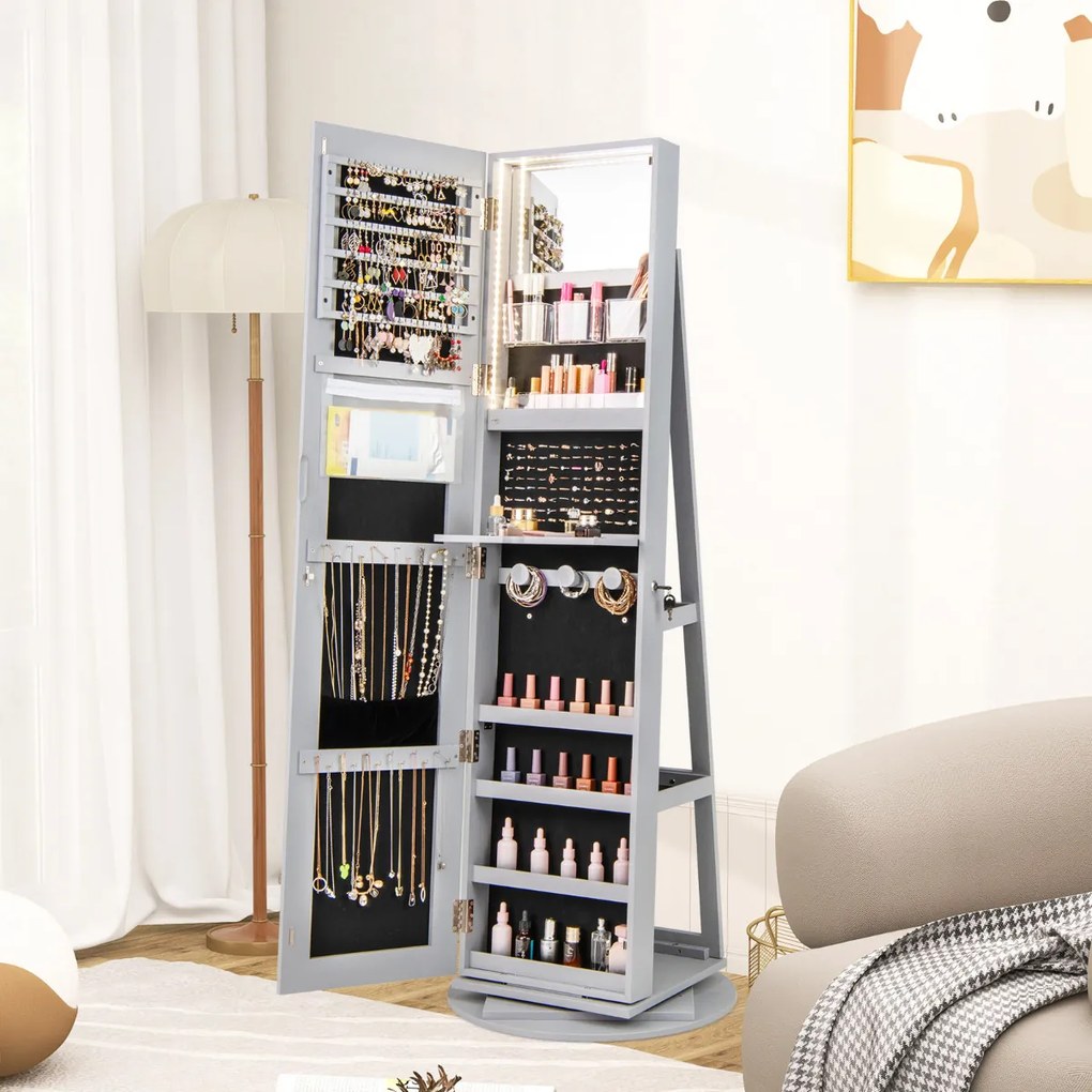 Armário giratório para joias 360° com espelho de corpo inteiro e luzes LED de 3 cores com fechadura Organizador de joias Cinzento