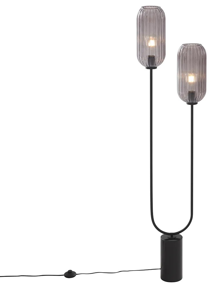 Candeeiro de pé Art Deco preto com vidro fumê 2-luzes - Rid Art Deco