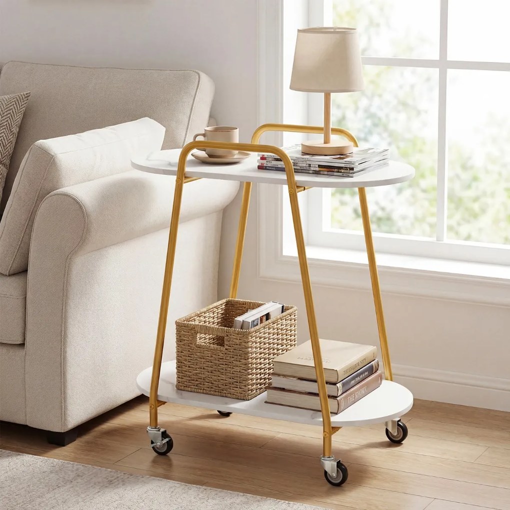 Mesa apoio com rodas 60 x 33,5 x 68,5 cm, 2 prateleiras, tampo em imitação de mármore, rodas com travão, Estrutura metálica, para quarto, cozinha ou s