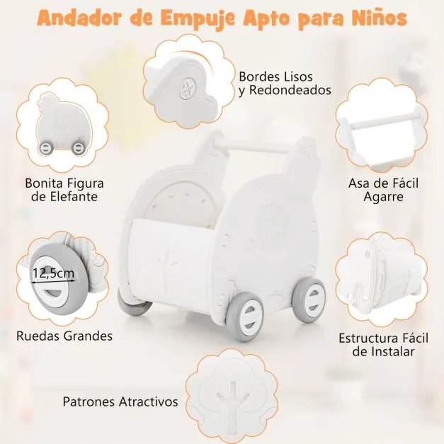 Andarilho bebés de 4 rodas em forma de elefante com rodas e alça para crianças de 3+ anos 45 x 41 x 50 cm Branco