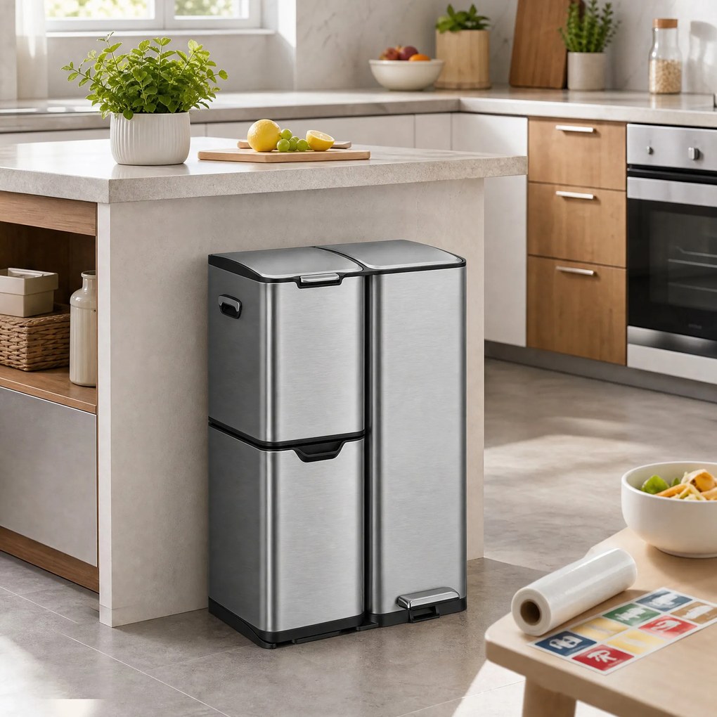 Caixote do lixo de cozinha com pedal e 3 compartimentos, 60 L, 46,7 x 39 x 71,9 cm, prateado