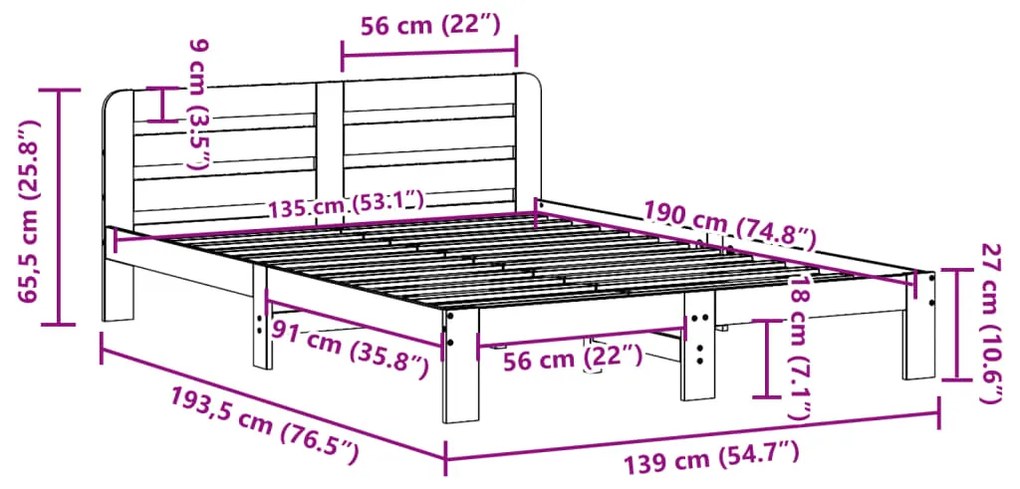 Cama sem colchão 135x190 cm madeira pinho maciça castanho-mel