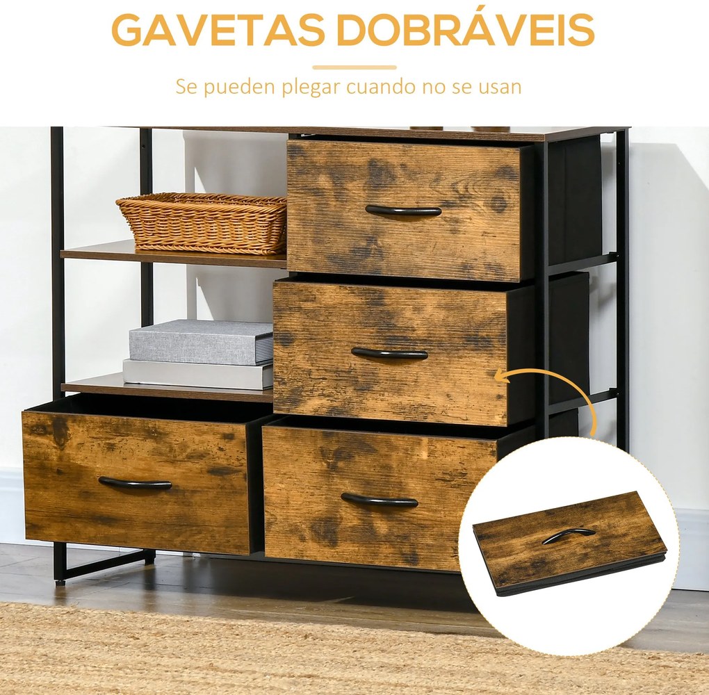 Cómoda com 4 Gavetas de Tecido Dobrável e 2 Prateleiras Abertas Armário de Armazenamento para Escritório Dormitório Estilo Industrial Anti-Tombo 84x30