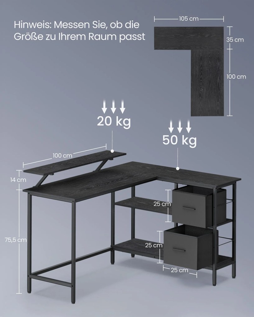 Secretária em forma de L com 2 gavetas 135 x 105 cm preto