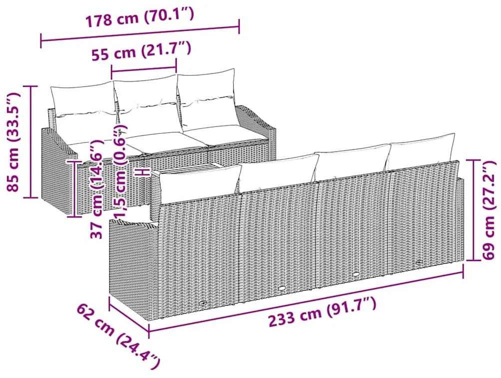 Conjunto de Sofá de Jardim 8 Peças com Almofadas Bege em Rattan e Poli