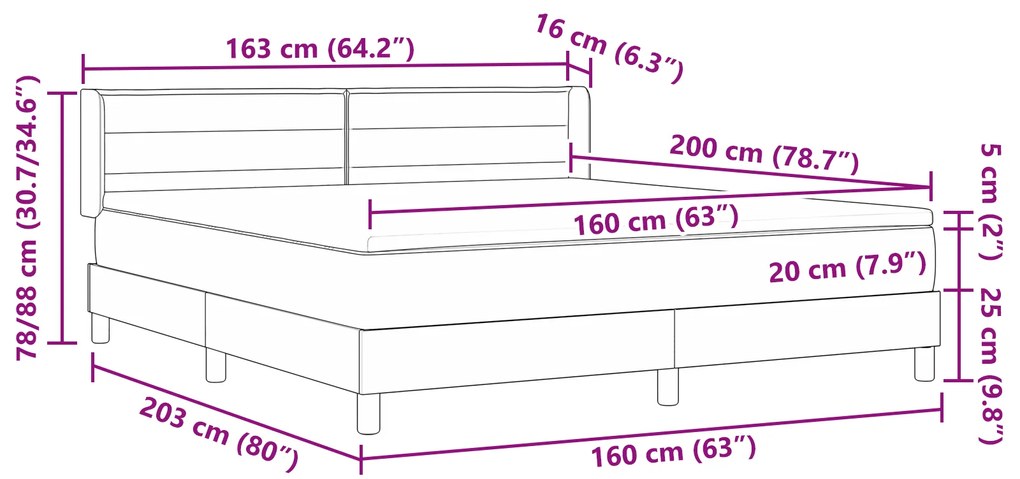 Cama Box Spring vidaXL com Colchão Cinza Escuro 160x200 cm Tecido