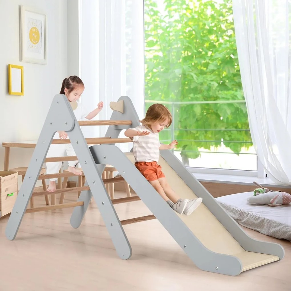 Jogo de trepar triangular 2 em 1 com escorrega ajustável Brinquedo de trepar em madeira para interior e exterior para crianças com mais de 1 ano Cinze