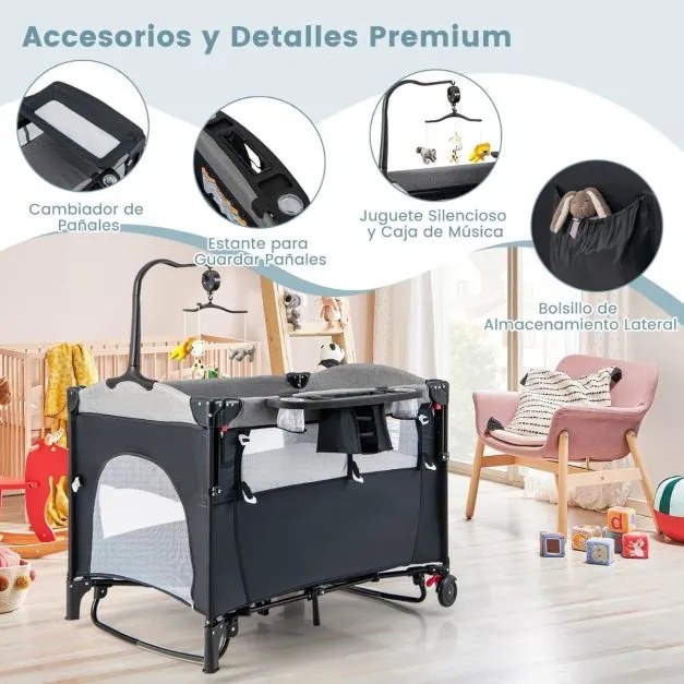 Berço de viagem para bebés de 0 a 3 anos com trocador, colchão, brinquedos pendurados, caixa de música, altura ajustável, rodas preto