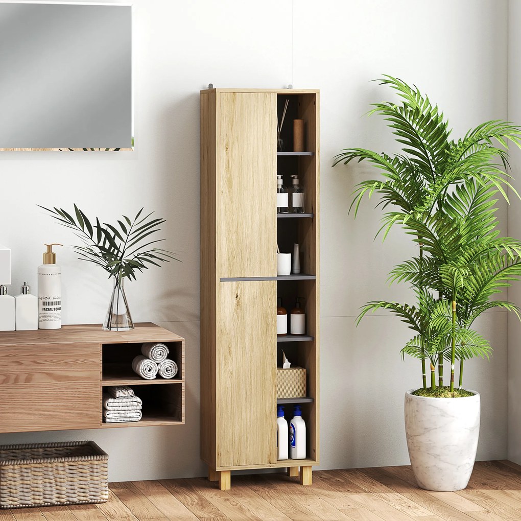 Móvel de coluna para casa de banho, armário de casa de banho com 6 compartimentos abertos e 2 portas, madeira natural
