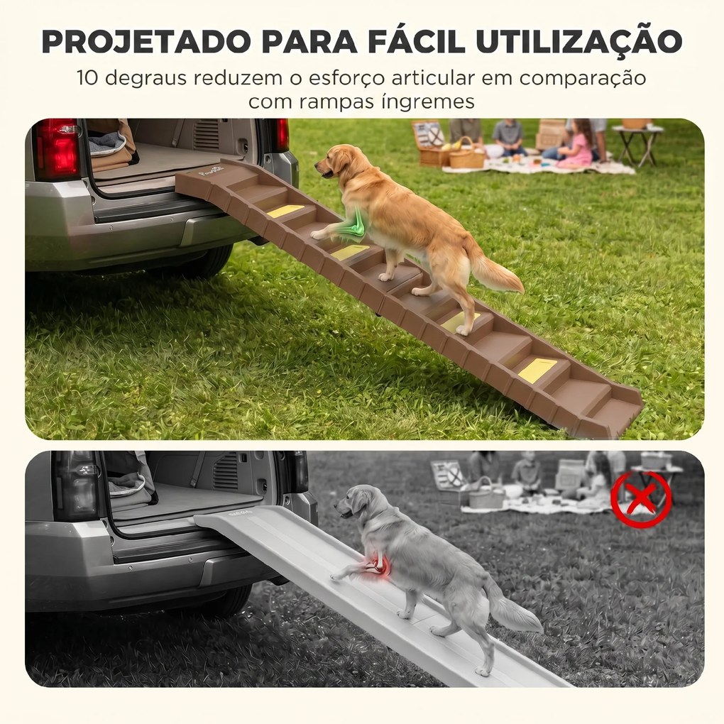 Rampa Dobrável para Cães 154 cm para Carro e Cama com 10 Degraus Antiderrapantes, até 68 kg, Castanho