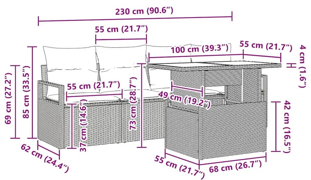 Conjunto de Sofá de Jardim de 5 Peças com Almofadas Cinza em Rattan Si