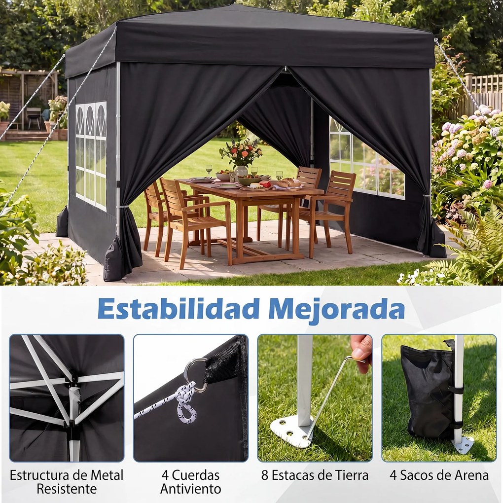 Tenda Dobrável de Exterior feiras, eventos, festas, 300 x 300 x 250-268 cm, 4 Paredes Removíveis e 4 sacos areia Preta