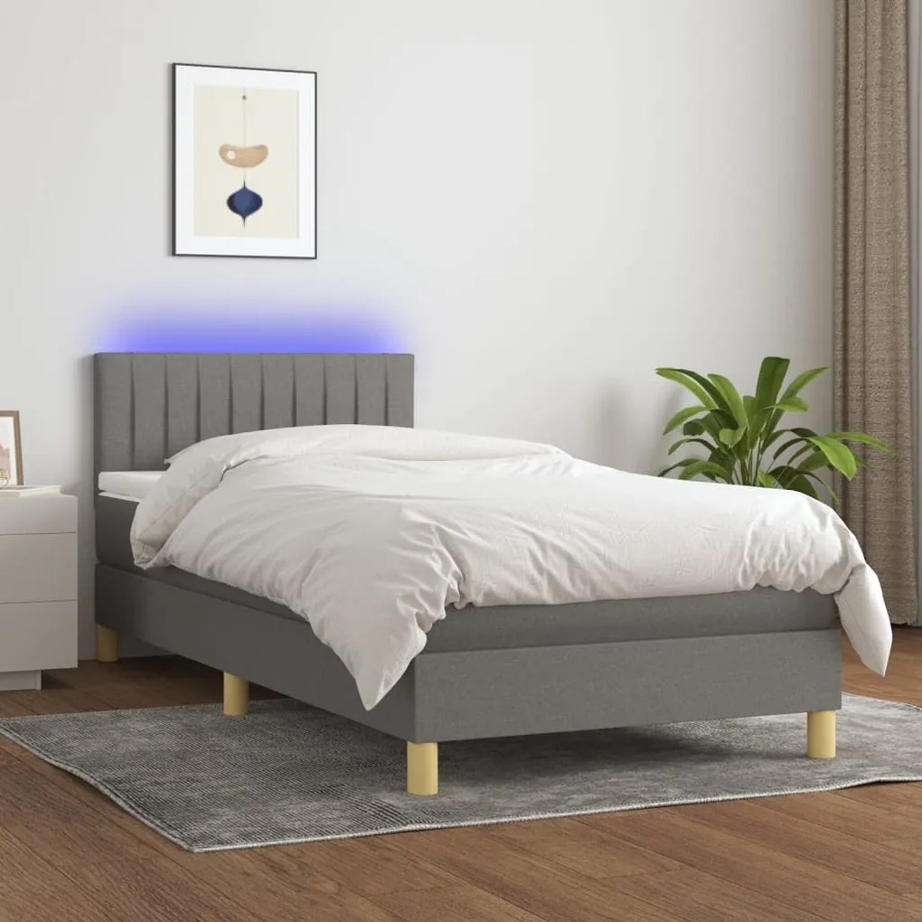 3133846 vidaXL Cama box spring c/ colchão e LED 90x200 cm tecido cinza-escuro
