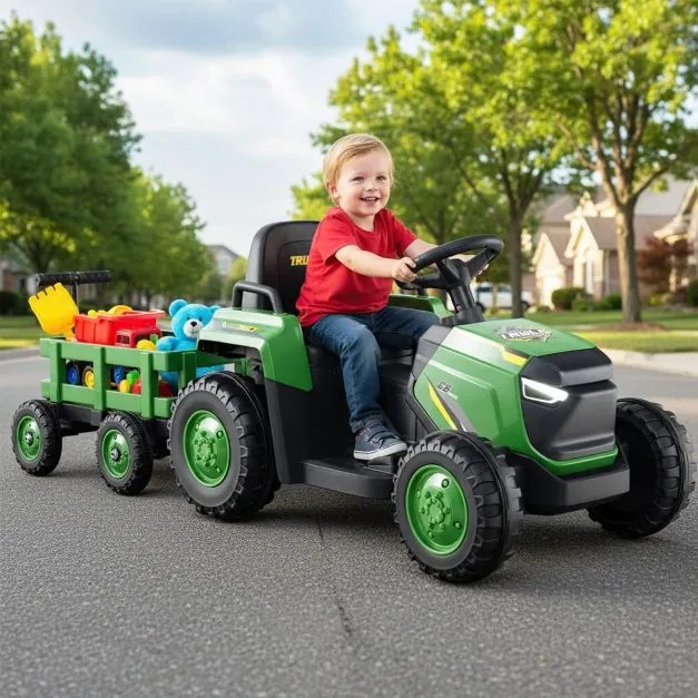 Trator Elétrico para crianças de 12V com Reboque Desmontável Comando à Distância Faróis LED Buzina Música Arranque Verde Escuro