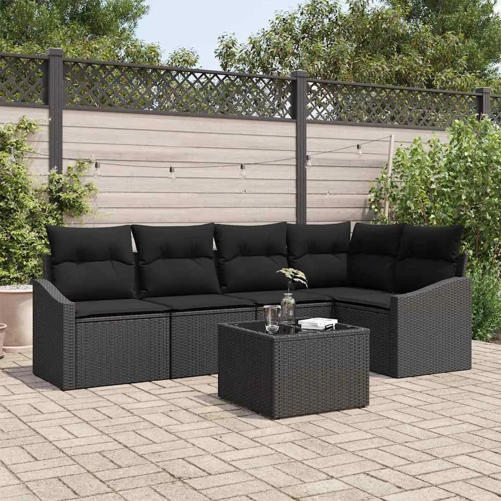 vidaXL Conjunto de Sofá de Jardim com almofada 6 pcs Preto vime PE