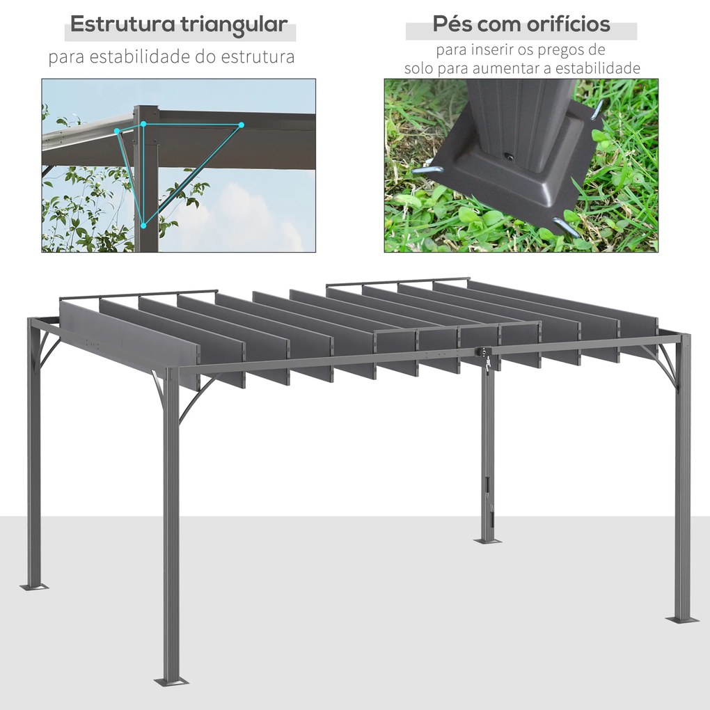 Pérgola 4x3 m para Jardim com Desenho de Lâminas Superiores Giratórias até 135° Proteção UV 50+ para Pátio Terraço Cinza