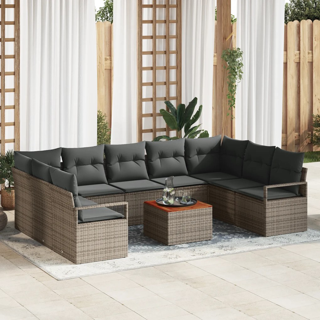 Conjunto de Sofás para Jardim de 10 Peças com Almofadas Cinza Polirattan Acácia