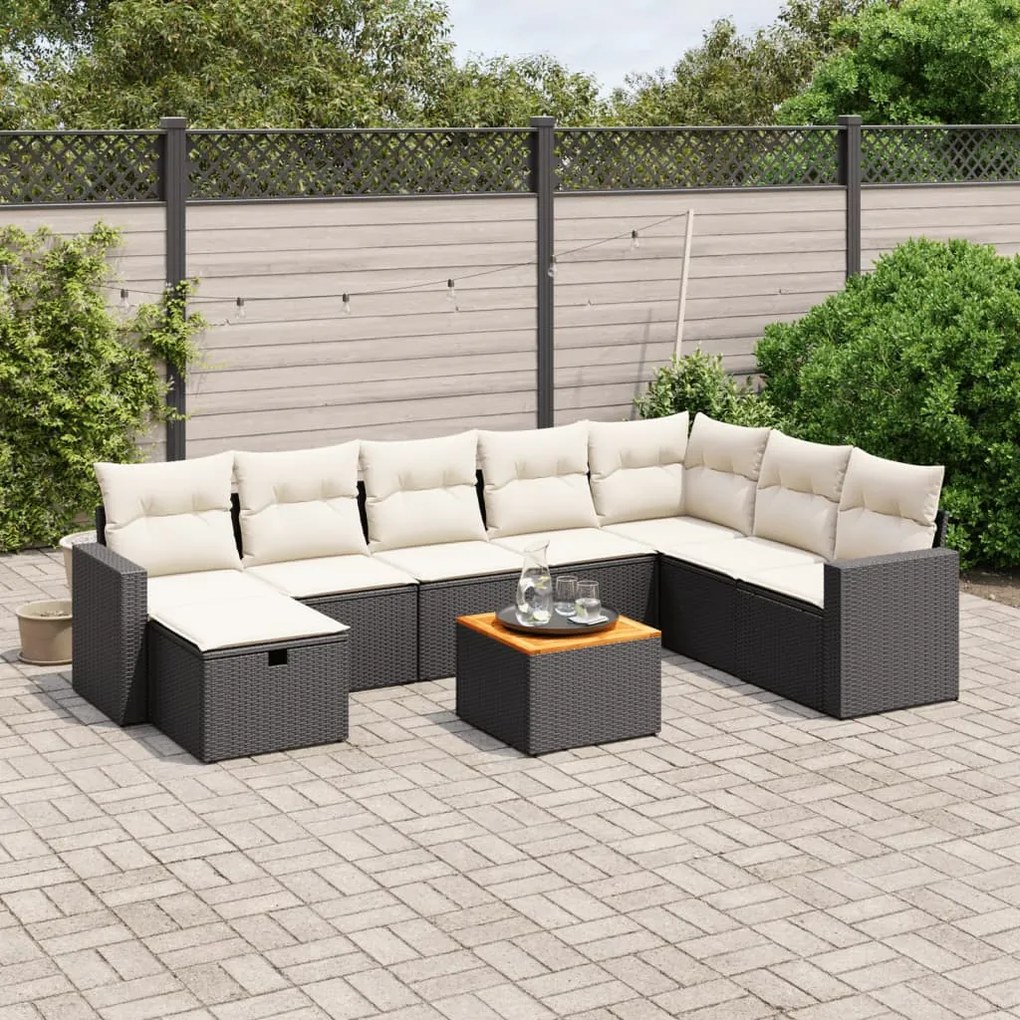 9 pcs conjunto de sofás p/ jardim c/ almofadões vime PE preto