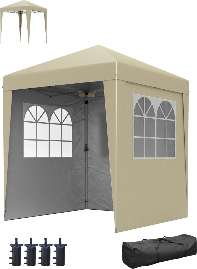 Tenda de jardim pop-up, dobrável 202 C x 202 L x 261 A cm, com altura ajustável, proteção UV 30+, 3 paredes laterais, bege