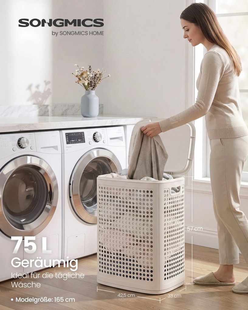 Cesto da roupa suja com tampa, 75 L, estreito, 42,5 x 33 x 57 cm bege cappuccino