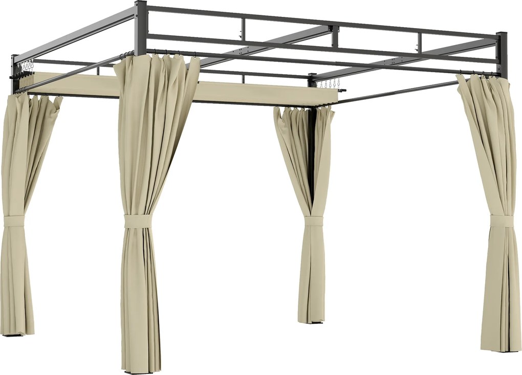 Pérgola de Jardim 295x295x221 cm com Teto Retrátil e Cortinas UPF30+ Estrutura Metálica Pérgola para Exterior Bege