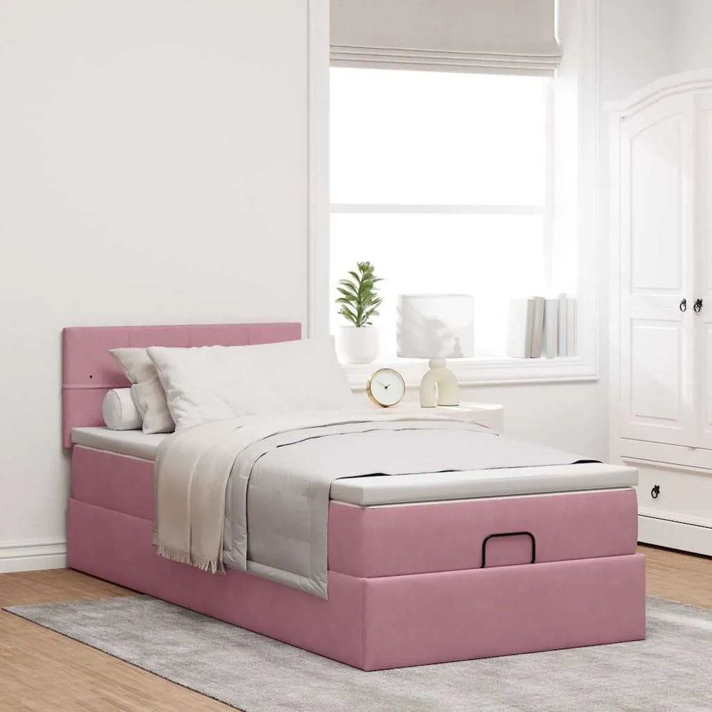 Estrutura de cama otomana com colchão rosa 90x200cm veludo