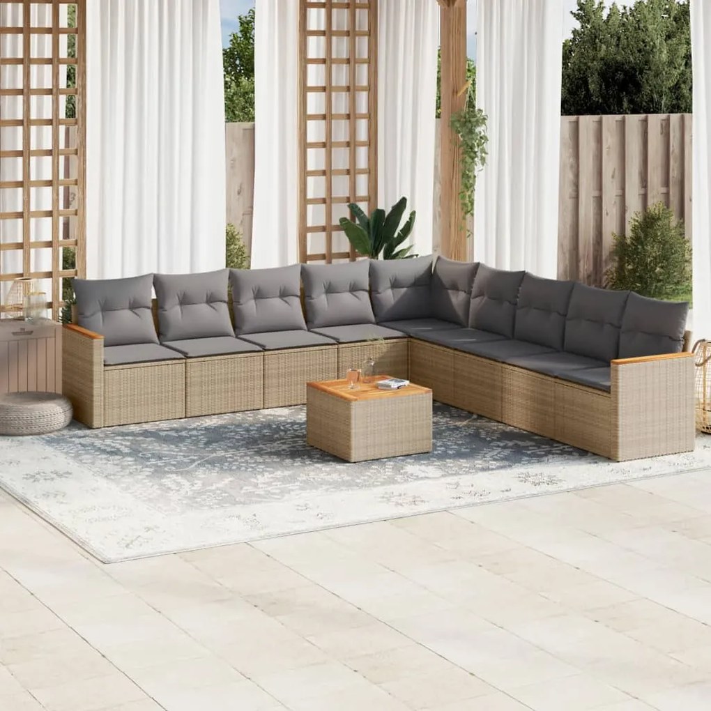 vidaXL 10 pcs conj. sofás jardim c/ almofadões vime PE bege misturado