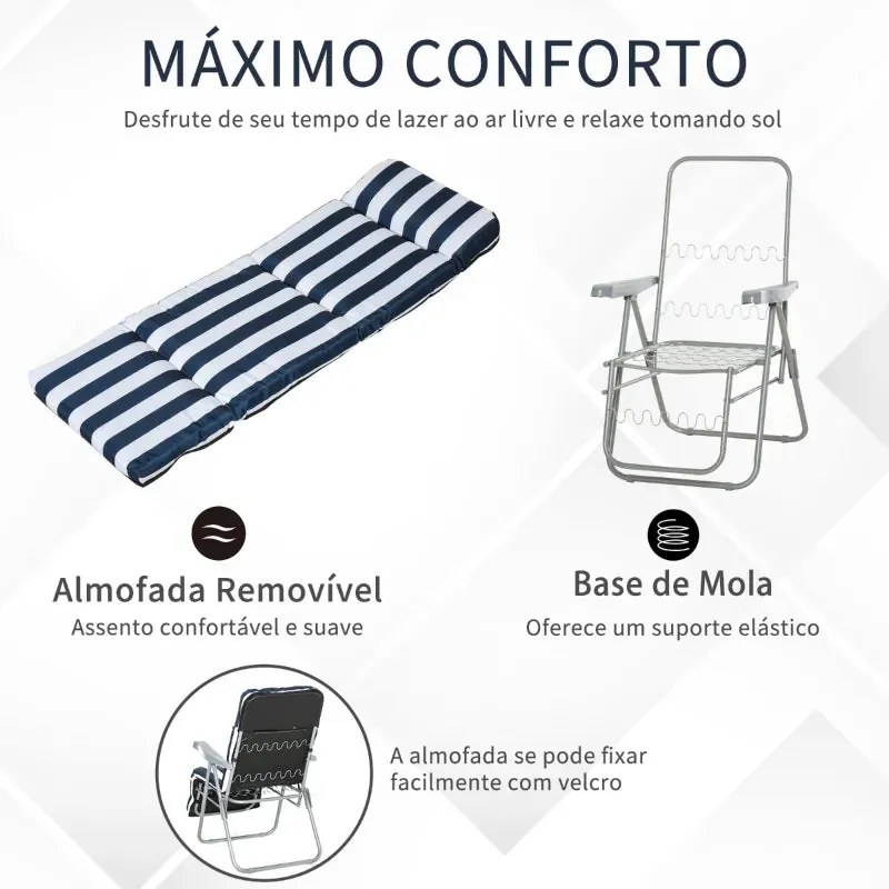 Conjunto de 2 Espreguiçadeiras com Encosto Ajustável - Azul e Branco -