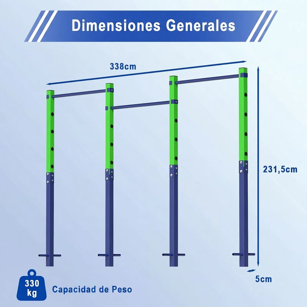 Barra de Elevações Exterior Tripla, 338 x 5 x 231,5 cm, 5 Alturas Ajustáveis, Verde
