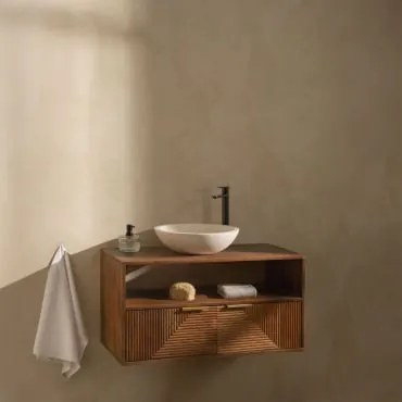 Conjunto De Móvel De Casa De Banho Em Madeira De Manga Baty Madeira De Manga & Cimento Redondo Branco Ø40 Cm Zavion & Sem Espelho & Preto - Sklum