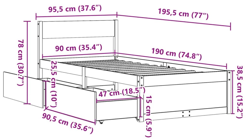 Estrutura de cama com gavetas 90x190 cm pinho maciço branco