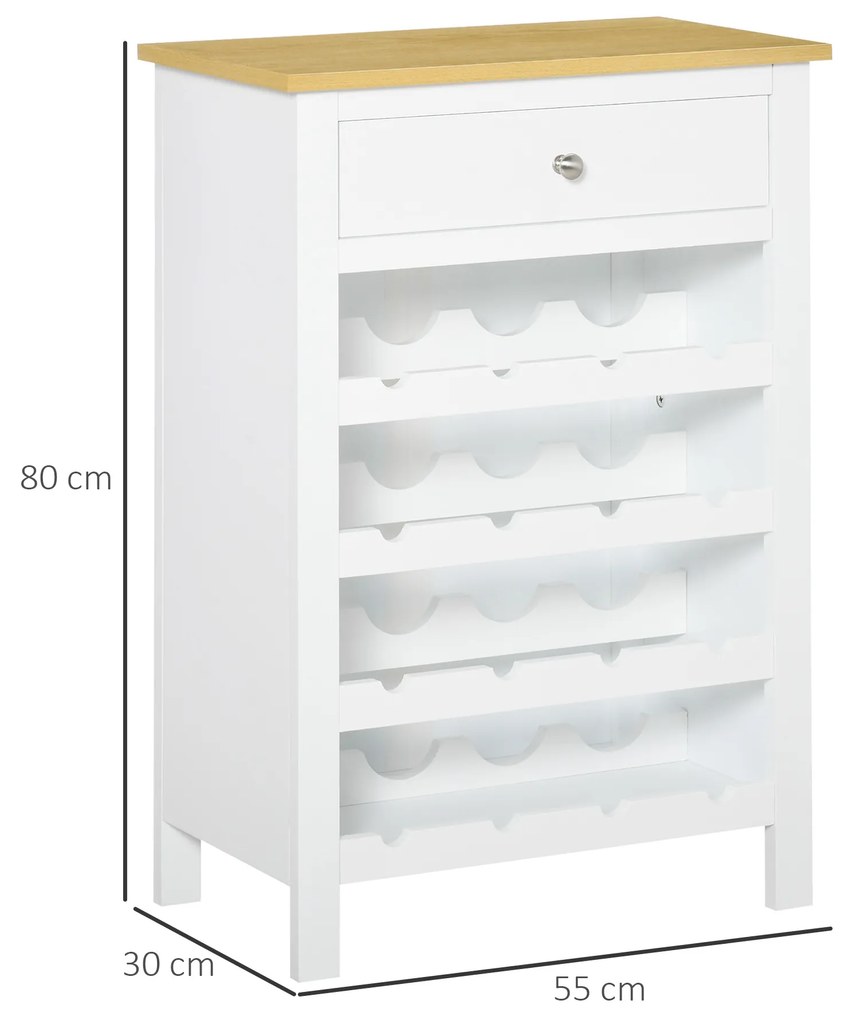 Aparador de Cozinha Moderno com 1 Gaveta e 4 Suportes para 16 Garrafas de Vinho Armário Auxiliar para Sala de Estar Anti-Tombo 55x30x80cm Branco