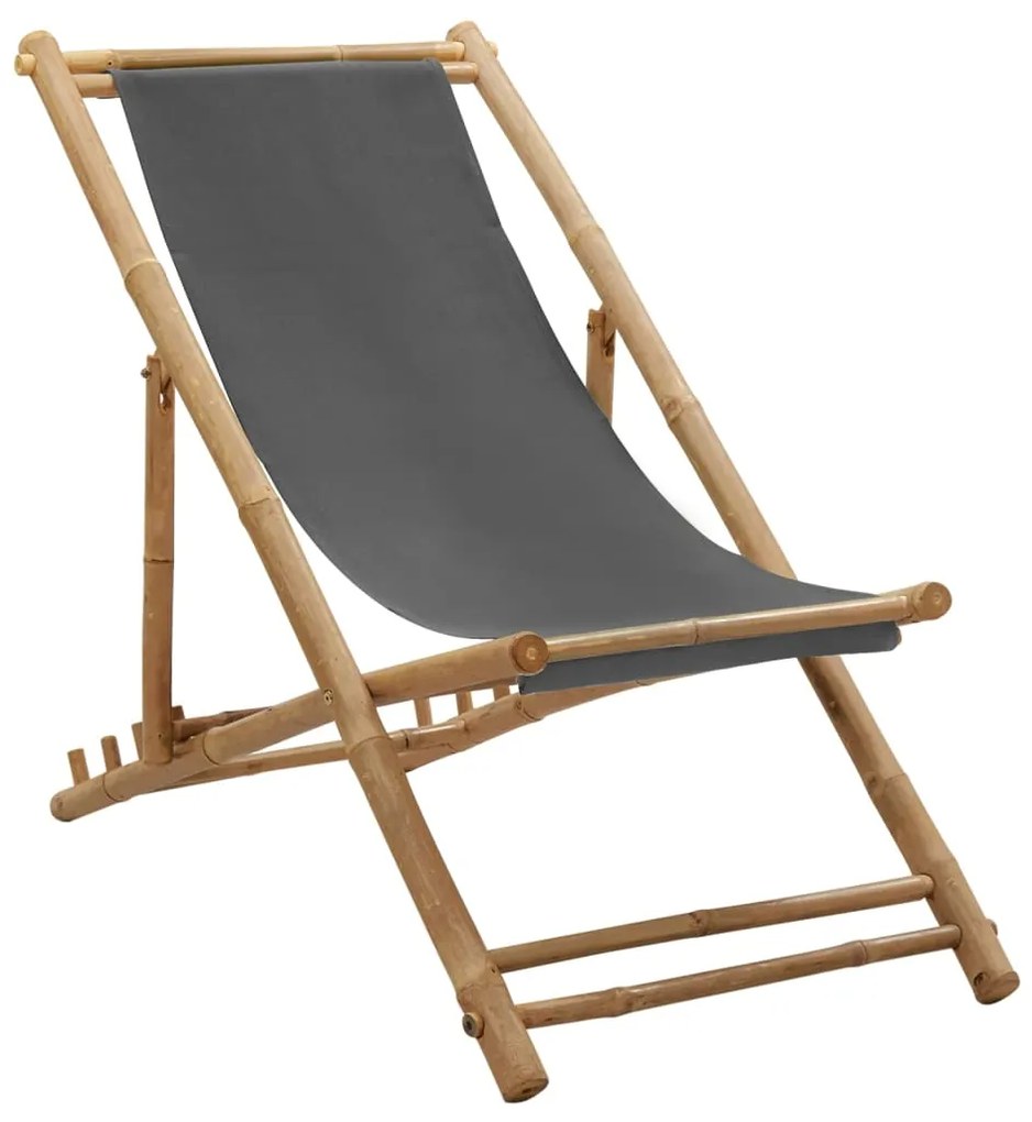 313018 vidaXL Espreguiçadeira de bambu e lona cinzento-escuro