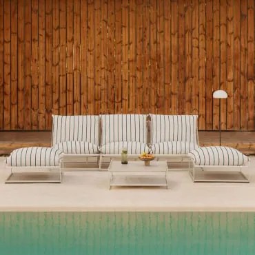 Conjunto De Jardim Com Sofá Modular De 3 Peças, Mesa Auxiliar E 2 Pufes Conversíveis Amaro Tapioca Bege - Azul- Marinho - Sklum