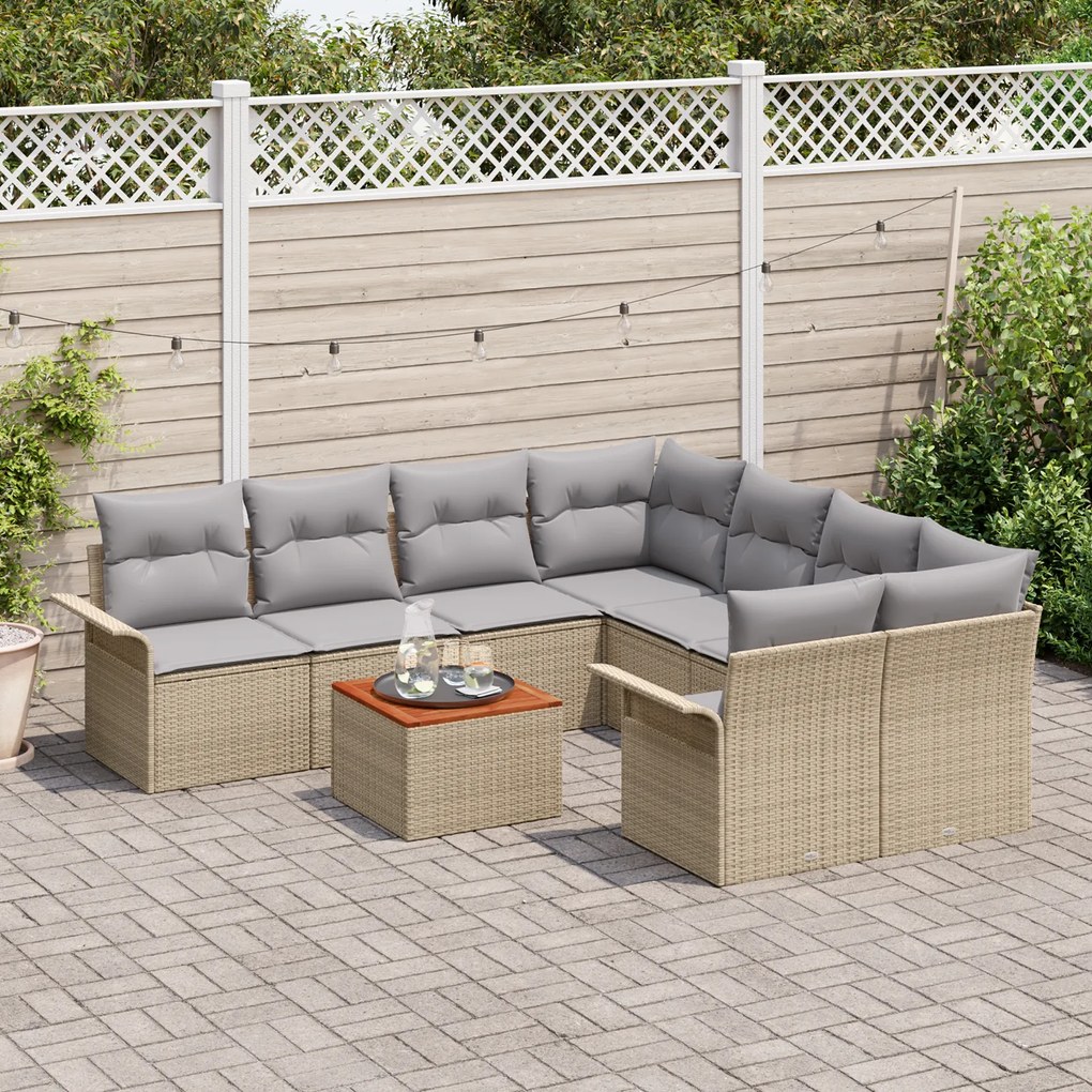 Conjunto de Sofá Jardim com 9 Peças e Almofadas Bege Polyrattan Acácia