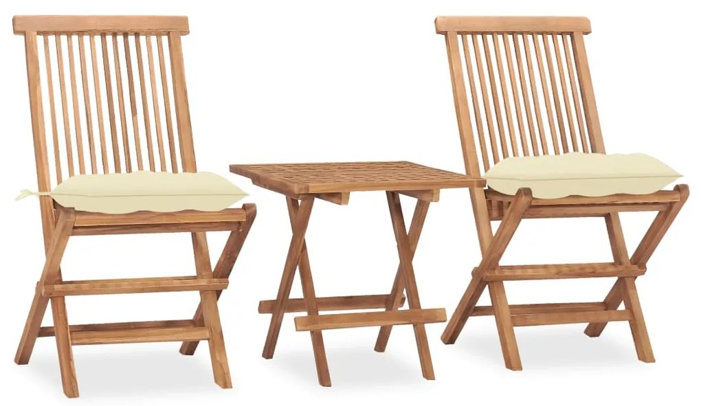 vidaXL 3 pcs conj. jantar dobrável exterior c/ almofadão teca maciça