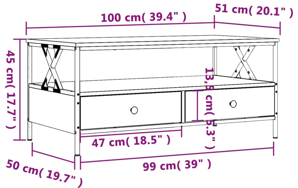 Mesa de centro 100x51x45 cm derivados madeira carvalho castanho