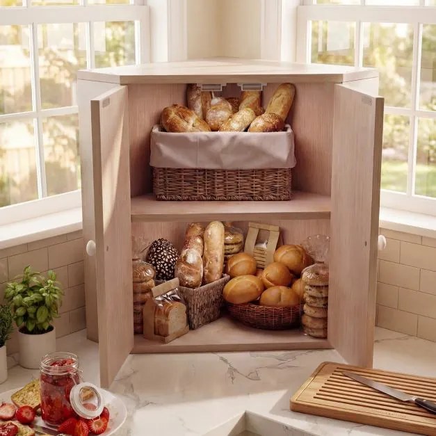 Caixa de pão de canto em bambu de dupla camada com prateleira ajustável 31 x 31 x 41 cm, e estilo rústico, para bancada de cozinha, branco Antigo