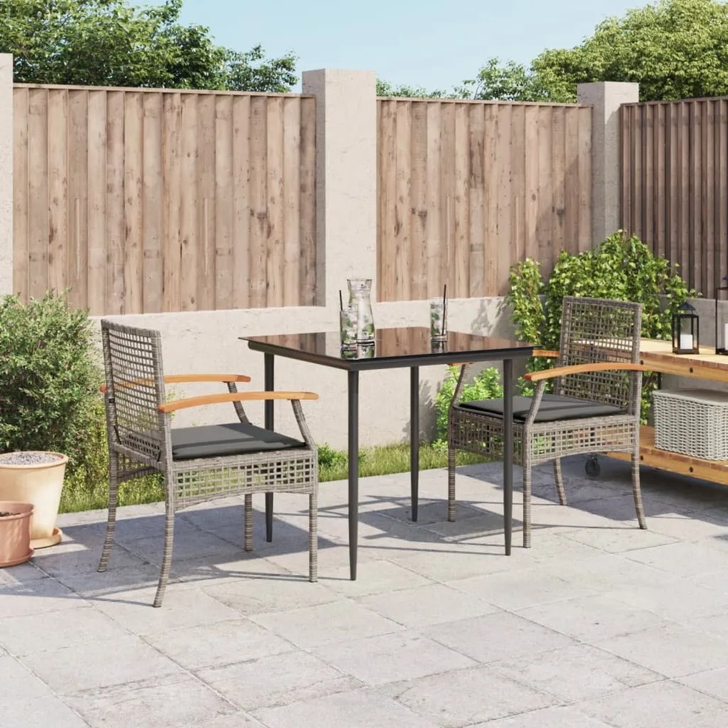 3 pcs conjunto de jantar p/ jardim c/ almofadões vime PE cinza