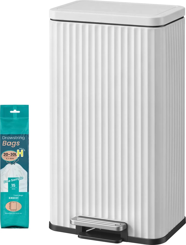Caixote do lixo de cozinha em aço 33,6 x 29,8 x 59,5 cm com fecho suave e cesto interior amovível, 30 L, branco