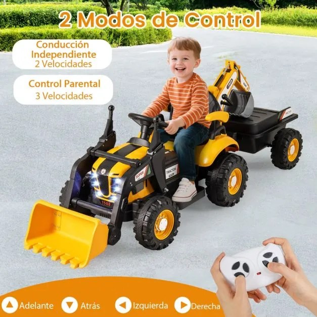 Trator elétrico 4 em 1 para crianças 12V com controle remoto, pá, reboque removível e luzes LED para crianças de 3 a 8 anos, 185 x 58 x 65 cm, amarelo