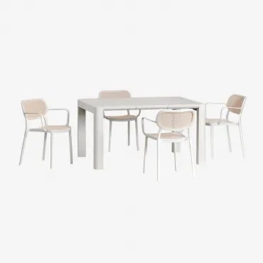 Conjunto De Mesa Retangular Arnadine (140x100 Cm) E 4 Cadeiras De Jardim Empilháveis Com Braços Omara Gardénia Branco - Sklum